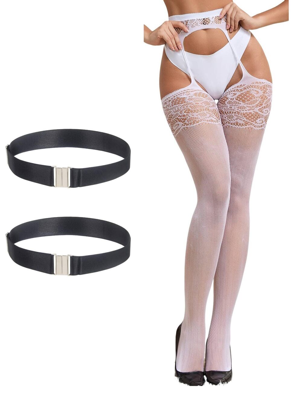 7254 Leather Leg Ring 2 Pcs with Lace Suspender Pantyhose White XS-M